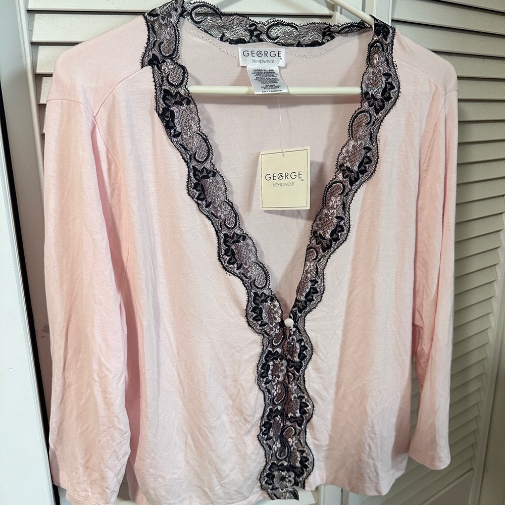 Y2K George Pink Cardigan with Black Lace Trim